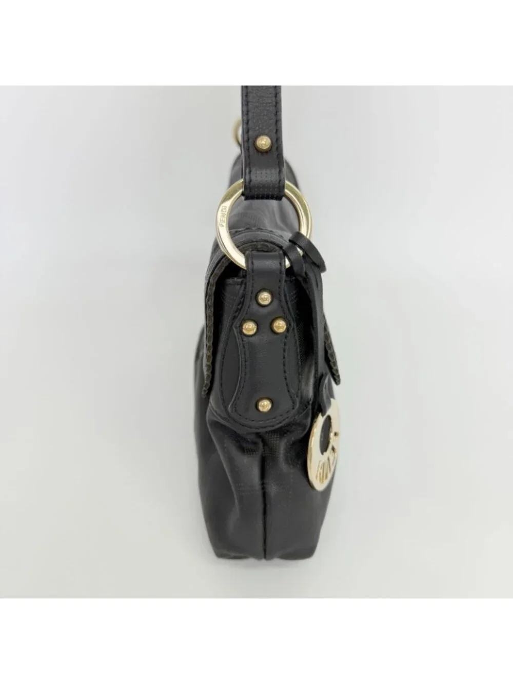 Fendi Mia Gather Shoulder Bag Leather Black Vintage